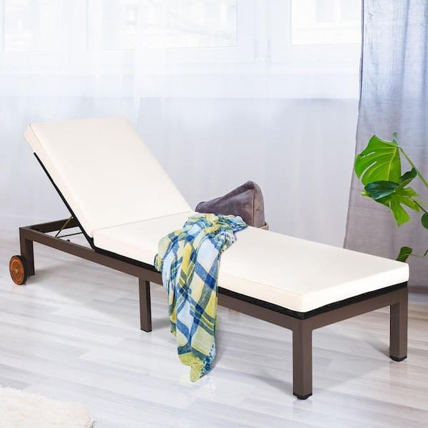 Brown Back Adjustable Rattan Wicker Outdoor Patio Lounge Chair Chaise Recliner with Beige Cushions