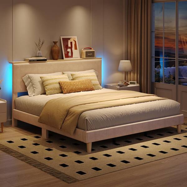 Beige Wood Frame King Size Velvet Upholstered Platform Bed Frame with Storage Headboard and LED Lights