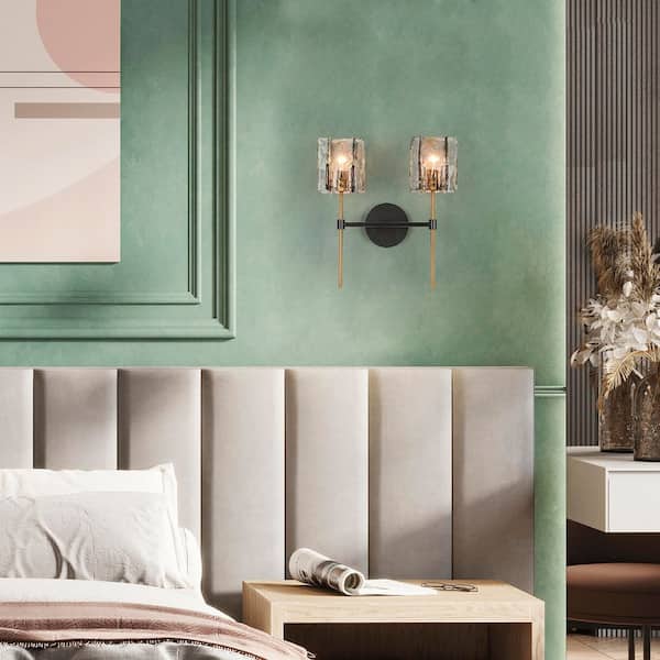 Echonalyri Modern 2-Light Glam Matte Black and Plating Brass Vanity Light with Geometric Textured Glass Shades
