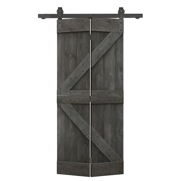CALHOME 32 in. x 84 in. K Series Solid Core Carbon Gray Stained DIY Wood Bi-Fold Barn Door with Sliding Hardware Kit