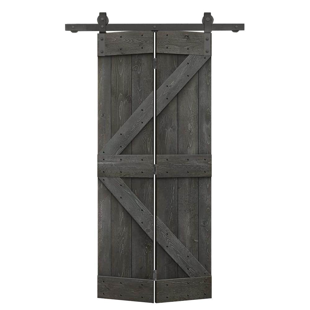 CALHOME 38 in. x 84 in. K Series Solid Core Carbon Gray Stained DIY Wood Bi-Fold Barn Door with Sliding Hardware Kit