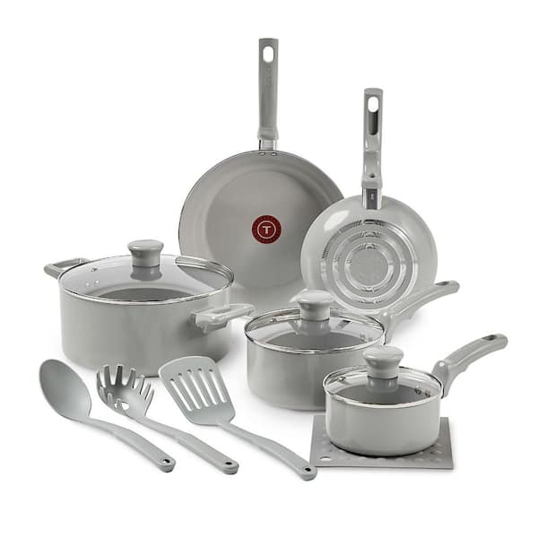 Essentials, Aluminum Ceramic Non-Stick 12 Piece Pots and Pans Cookware Set, Moon Grey