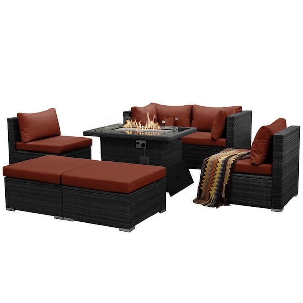 FINCATI 7-Piece Charcoal Wicker Patio Fire Pit Conversation Sectional Deep Seating Sofa Set with Dark Red Cushions
