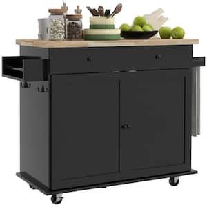 Black Rubber Wood 29.9 in. Kitchen Island with Storage