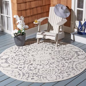 Cabana Ivory/Gray 4 ft. x 4 ft. Medallion Striped Indoor/Outdoor Patio  Round Area Rug