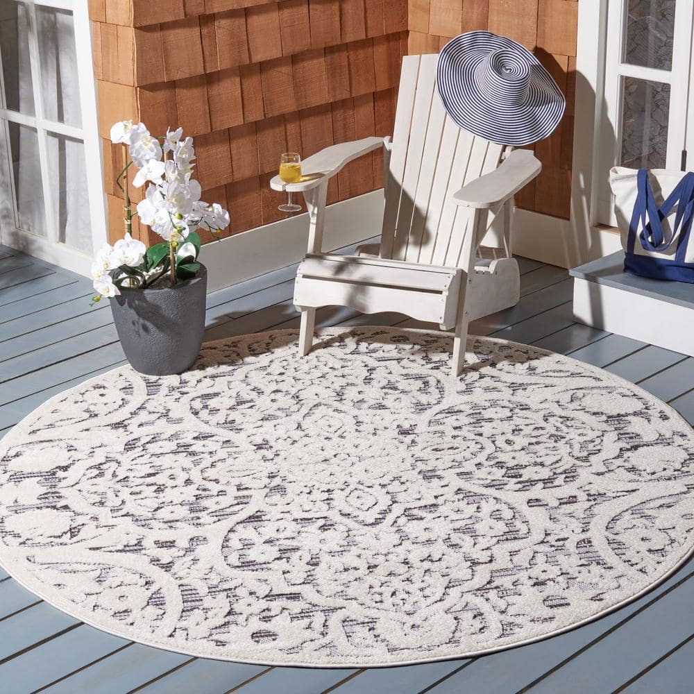 Gray Floral Round Synthetic Indoor/Outdoor Rug