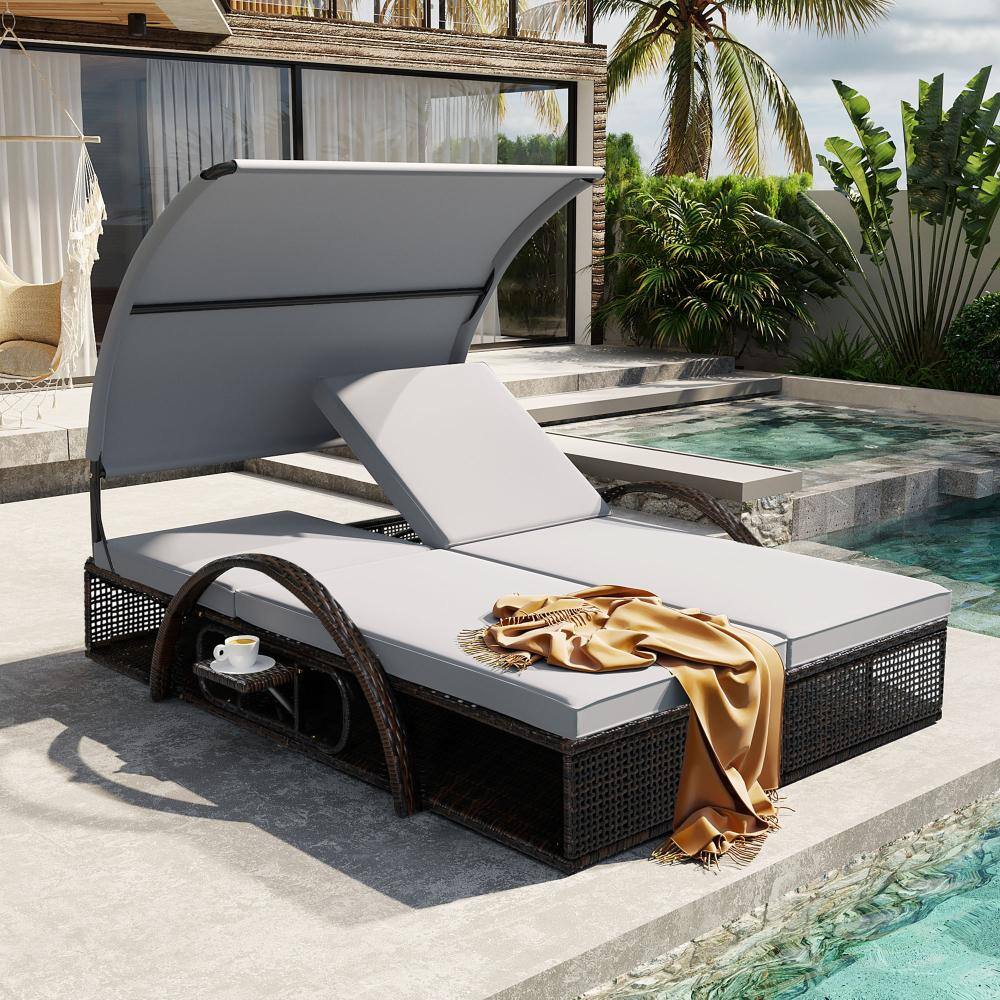 Gray Double Wicker Outdoor Sun Lounge Chair with Hidden Side Table, Curved Sun Canopy and Cushions
