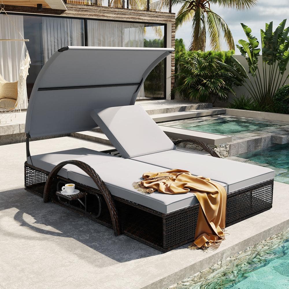 Outdoor Wicker Double Sunbed with Adjustable Backrest, Hidden Side Table & Gray Cushions for Garden & Backyard price history on PriceWatchPro
