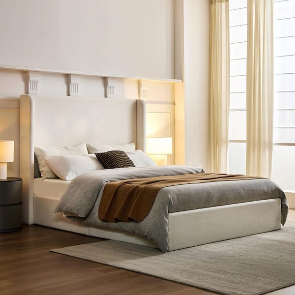 Kilby Ivory White Canvas Chenille Upholstered Metal Frame California King Platform Bed with Wingback High Headboard