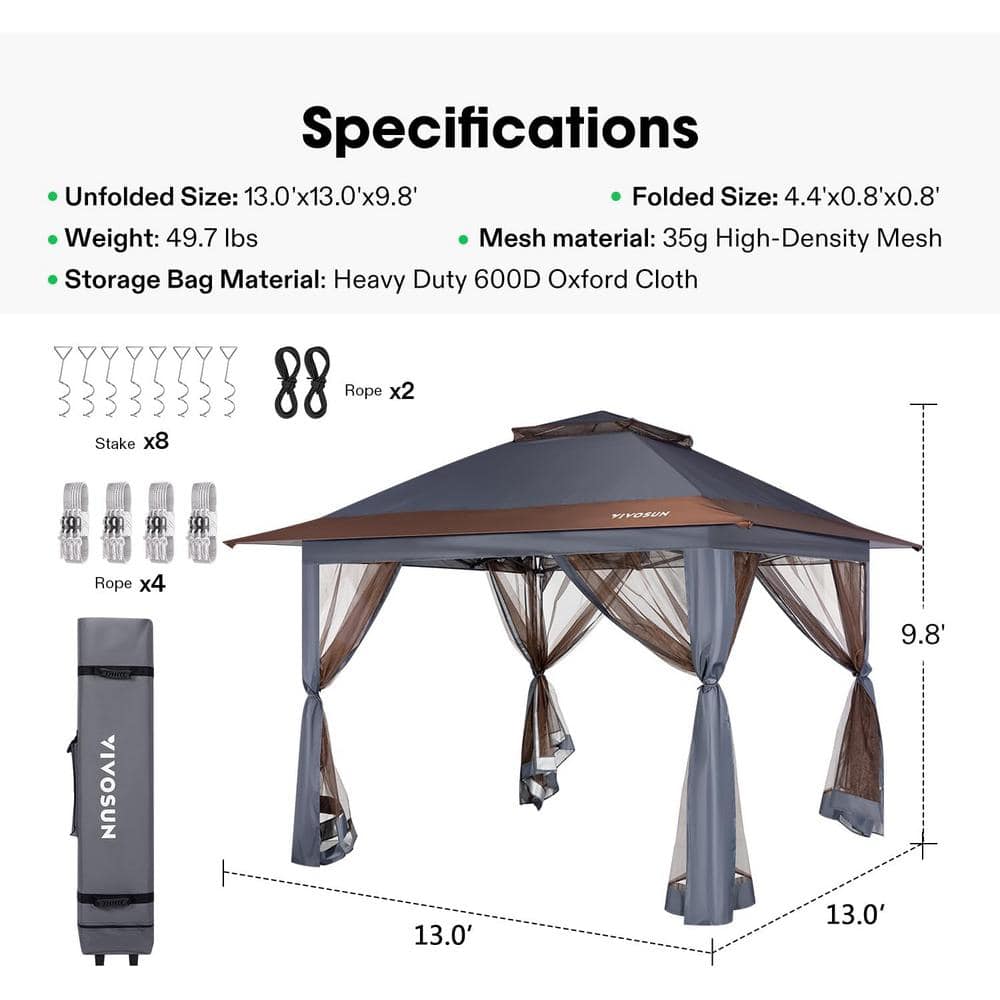 Gray 13' x 13' Pop-Up Canopy Tent with Mosquito Netting