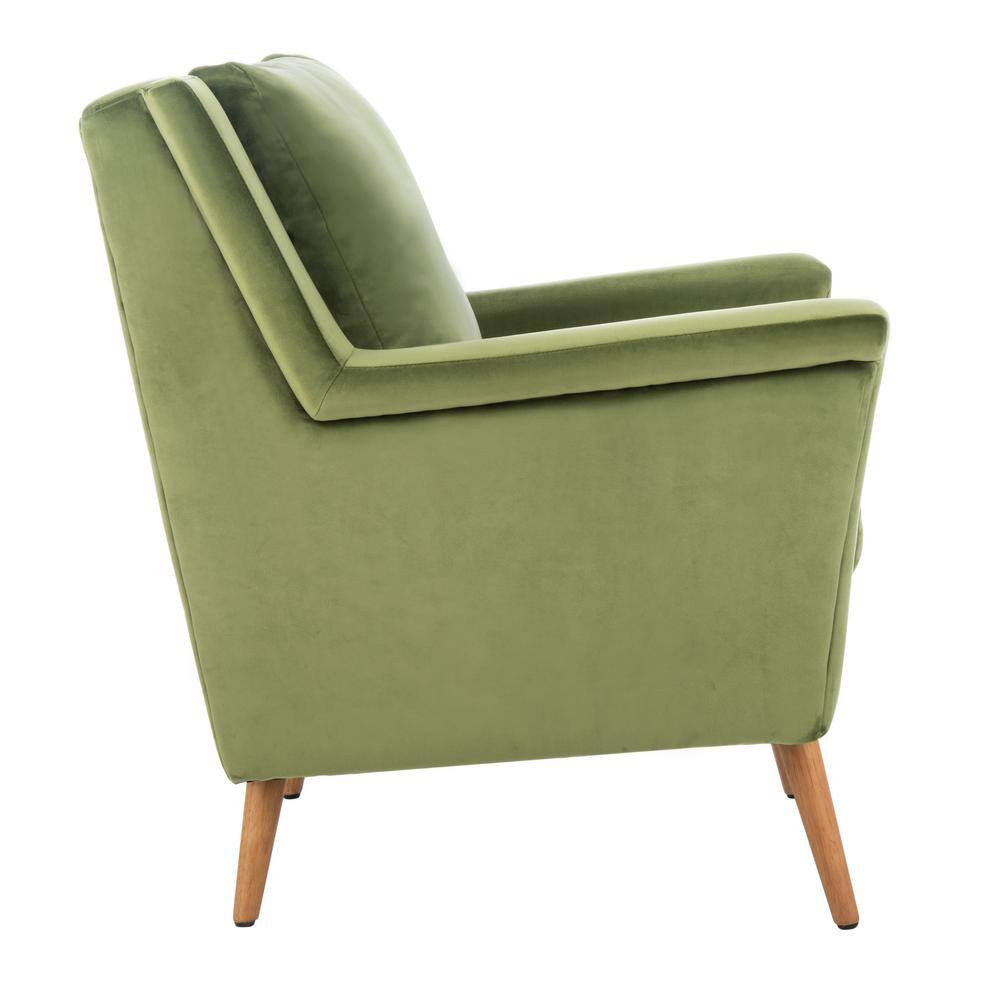 Olive Velvet and Natural Wood Mid-Century Arm Chair