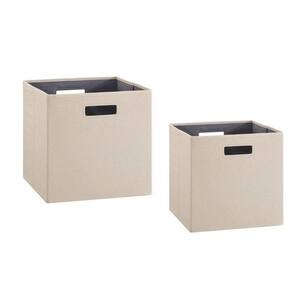 13 in. L x 13 in. W x 13 in. H Beige Cardboard and Fabric Cube Storage Bin with Cutout Handle (Set of 2)