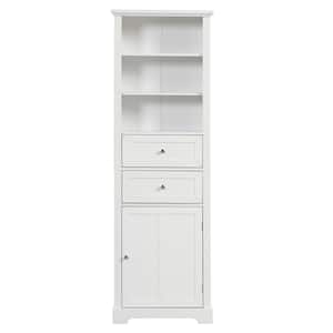 22 in. W x 10 in. D x 67 in. H White Linen Cabinet with One Door and Two Drawers, Freestanding Storage Adjustable Shelf