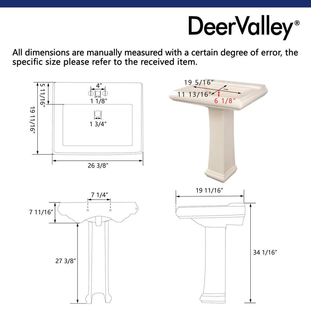 Bone Ceramic Rectangular Pedestal Bathroom Sink with Triple Faucet Holes