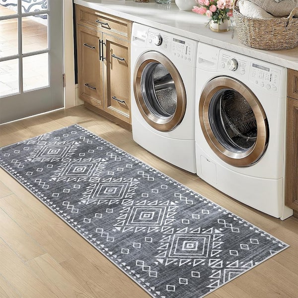 Gray 2x6ft Geometric Retro Corridor Strip Carpet Tribal Style Distressed Area Rug