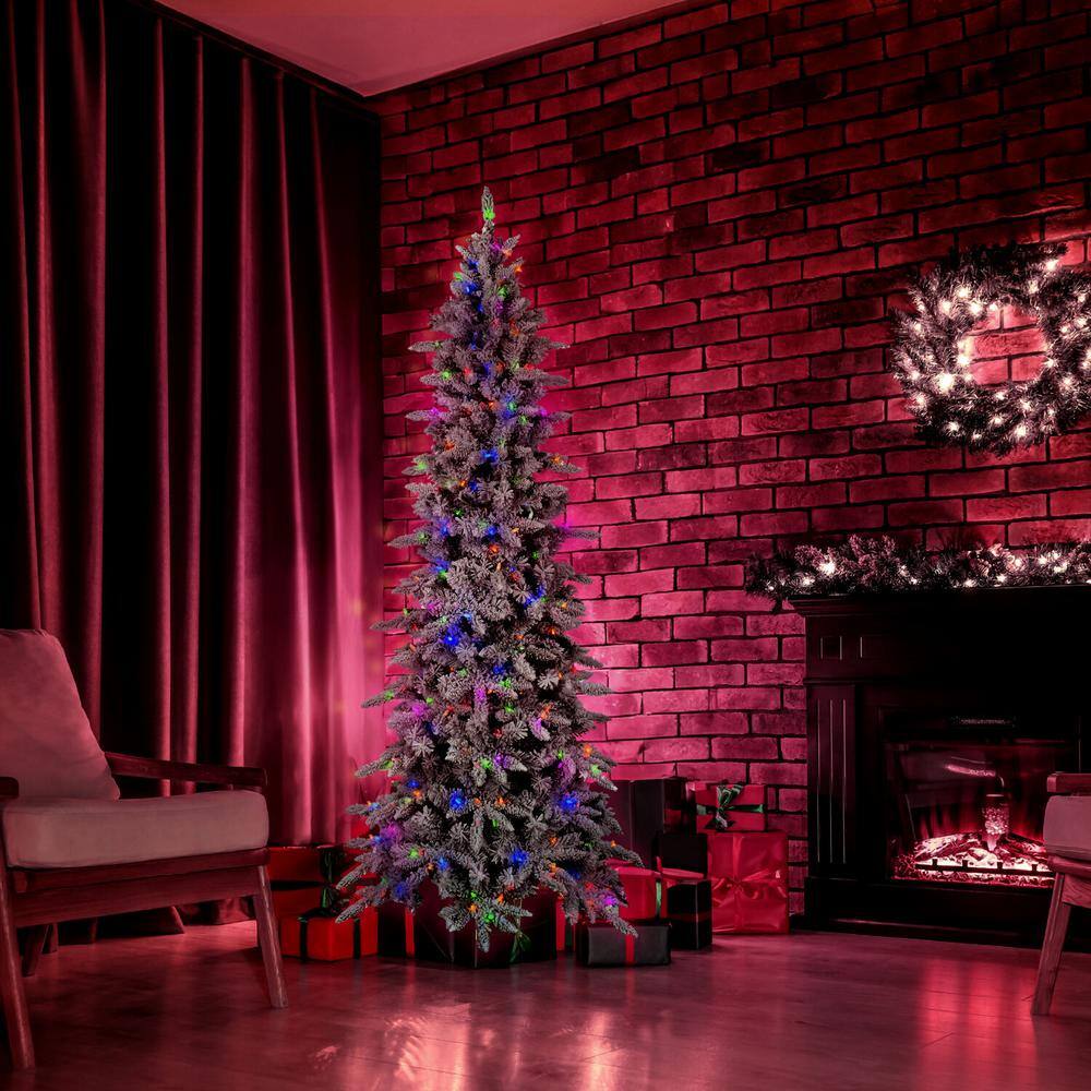 Slim Flocked 7.5-Foot Mountain Pine Christmas Tree with Multicolor LED Lights