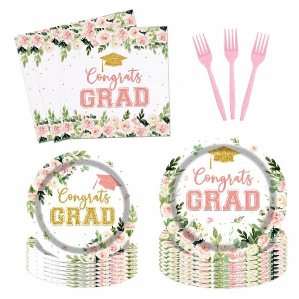 96-Piece Floral Graduation Party Tableware Set Plates Napkins and Forks Congrats Grad Class of 2025 Decor