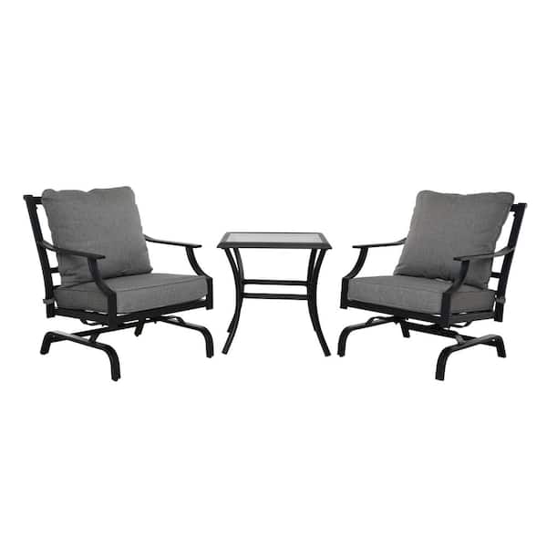 BANSA ROSE 3-Piece Metal Outdoor Bistro Chat Set Patio Furniture Conversation Set with Side Table, Gray Cushion