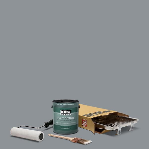 BEHR 1 gal. #PPU18-04 Dark Pewter Extra Durable Semi-Gloss Enamel Interior Paint & 5-Piece Wooster Set All-in-One Project Kit