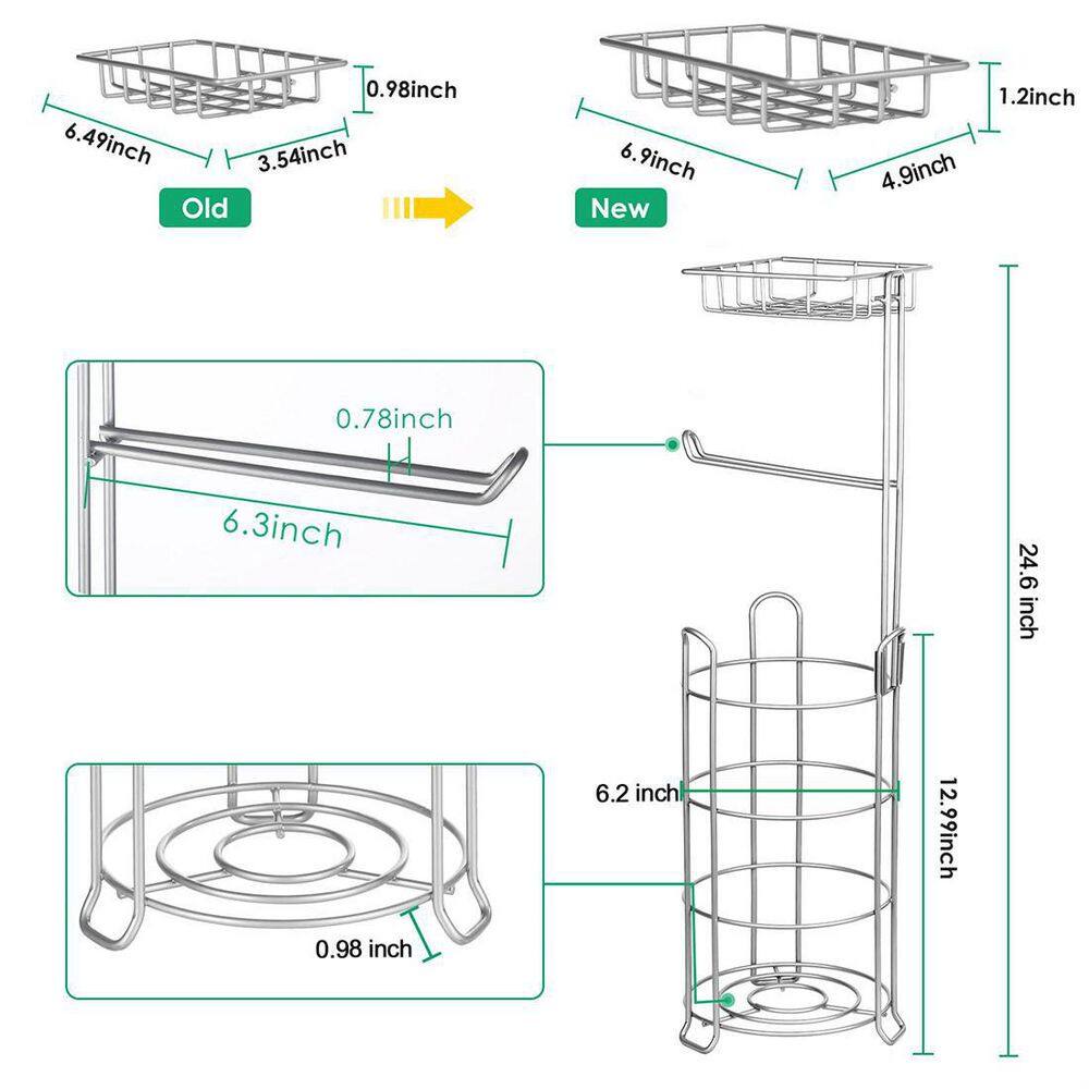 Glossy Silver Metal Freestanding Toilet Paper Holder with Storage Shelf