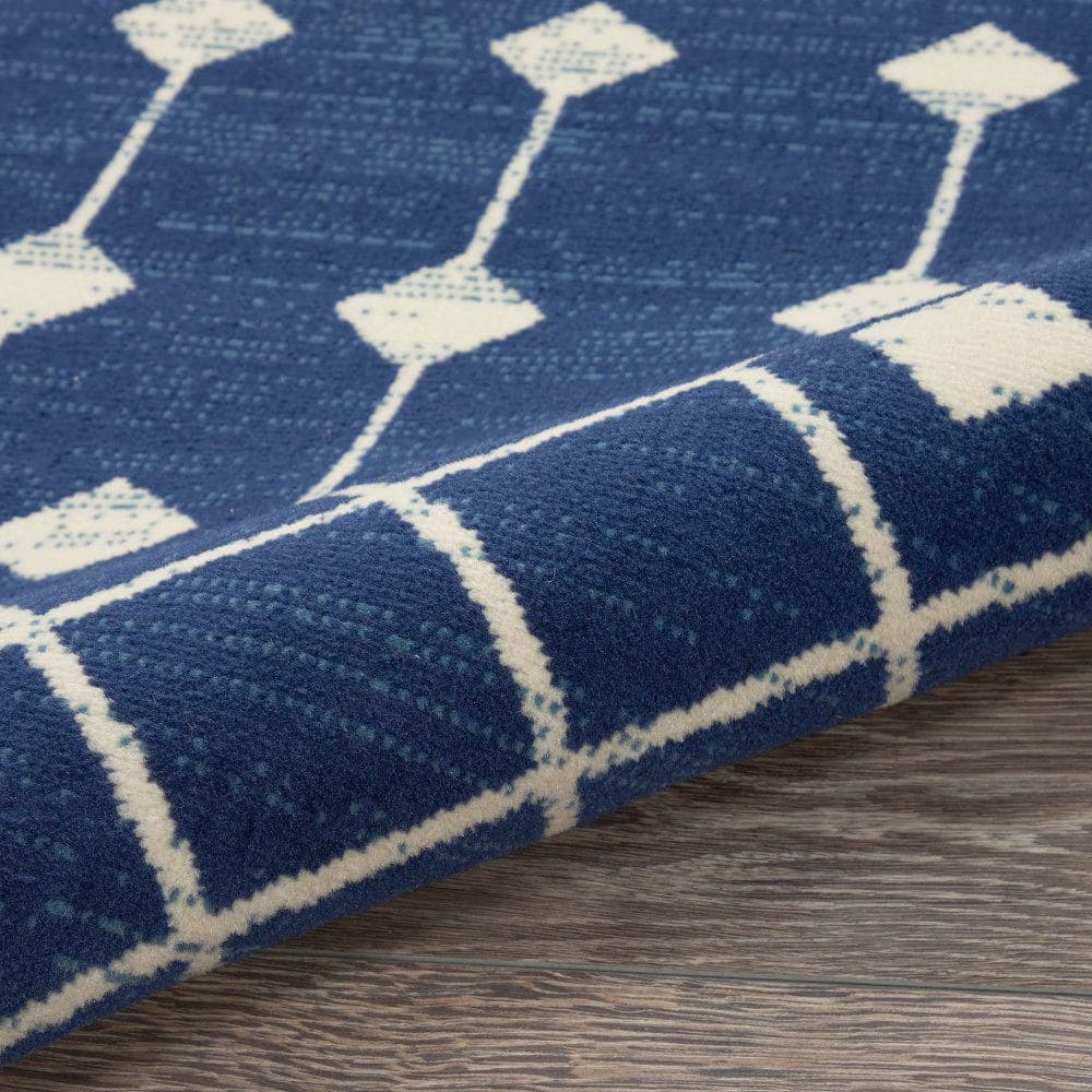 Navy and Ivory Geometric Synthetic Runner Rug