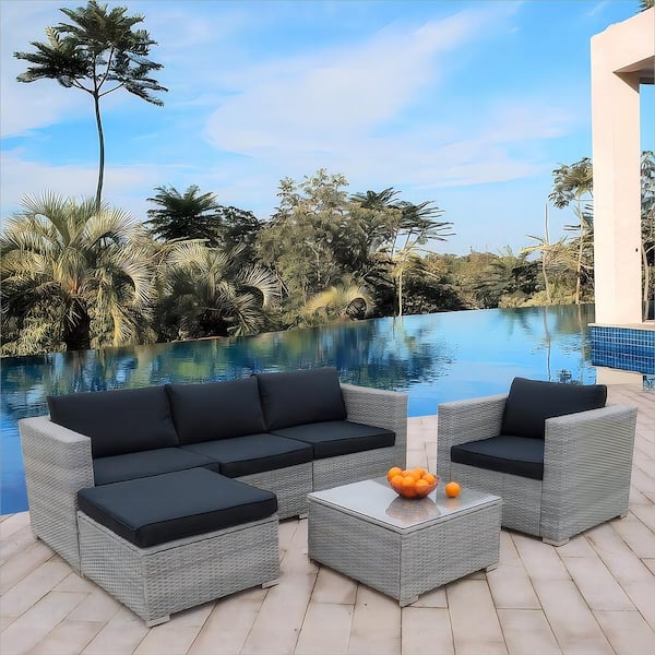 VIWAT 6-Piece Wicker Outdoor Sectional Set with Black Cushion