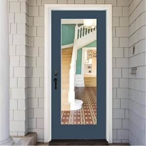 Legacy 30 in. x 80 in. Full-Lite Clear Glass RHIS Primed Dark Denim Finish Fiberglass Prehung Front Door