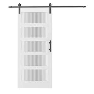 36 in. x 84 in. 5-Lite with Ripple Glass White MDF Sliding Barn Door with Hardware Kit
