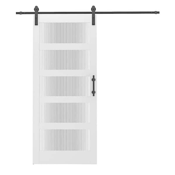 Winado 36 in. x 84 in. 5-Lite with Ripple Glass White MDF Sliding Barn Door with Hardware Kit