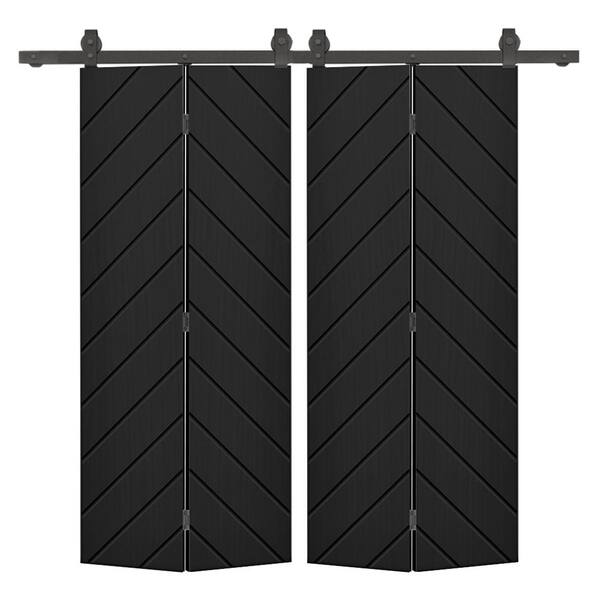 CALHOME Herringbone 52 in. x 84 in. Black Painted MDF Composite Bi-Fold Hollow Core Double Barn Door with Sliding Hardware Kit