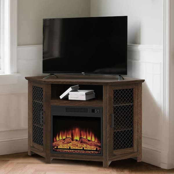 44.8 in. W Corner Fireplace TV Stand Media Console with 18 in. Electric Heater and Remote Control in Dark Walnut