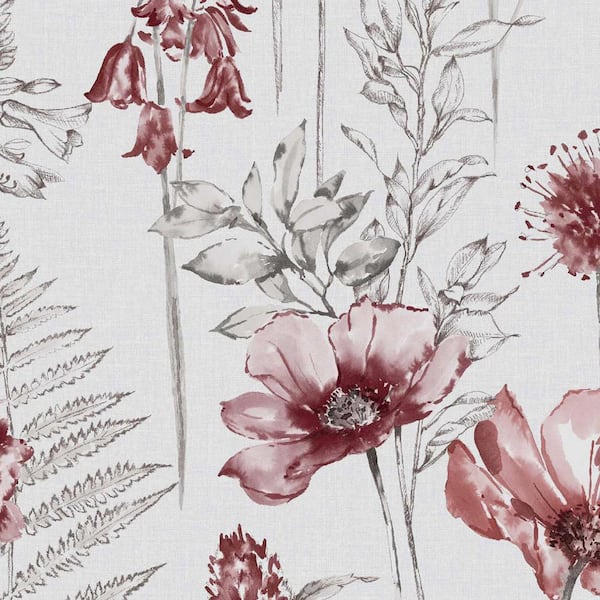 Floral Sketch Red Unpasted Removable Peelable Paper Wallpaper