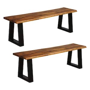 2-Piece Solid Acacia Wood Patio Bench Dining Bench Outdoor with Rustic Metal Legs