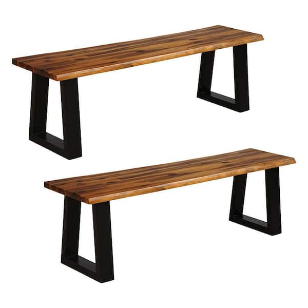 Gymax 2-Piece Solid Acacia Wood Patio Bench Dining Bench Outdoor with Rustic Metal Legs