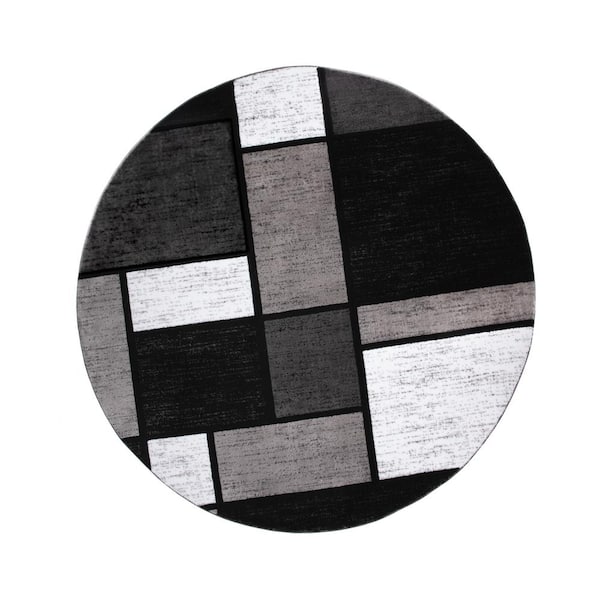 Alpine Gray 8 ft. Round Contemporary Modern Boxes Area Rug