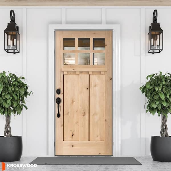 36 in. x 80 in. Knotty Alder Right-Hand/Inswing 6 Lite Beveled Clear Glass Unfinished Wood Prehung Front Door w/ DS