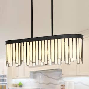 White Modern Rectangular Island Chandelier with Decorative Glass 6-Light Black Dining Hanging Light with Linear Downrod