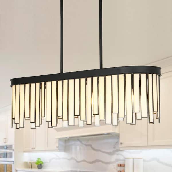 LNC White Modern Rectangular Island Chandelier with Decorative Glass 6-Light Black Dining Hanging Light with Linear Downrod