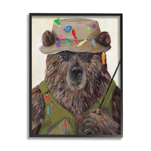 Stupell Industries Fisherman Outfit Grizzly Bear Fishing by Kamdon Kreations 1-Piece Black Framed Animal Giclee Art Print 20 in. x 16 in.