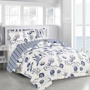 Blue Nautical Coastal Themed Full/Queen Microrfiber 3-Piece Quilt Set Bedspread