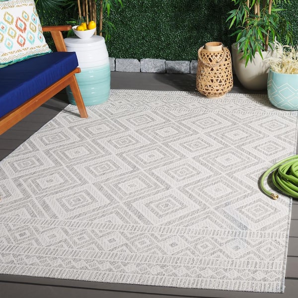 Courtyard Ivory/Light Gray 8 ft. x 10 ft. Border Diamond Indoor/Outdoor Area Rug