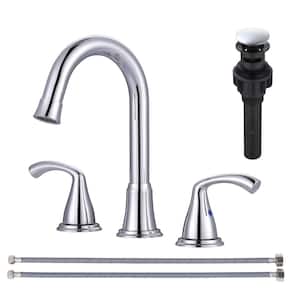 3 Hole 8 in. Widespread Double Handle Bathroom Faucet with Drain Kit Included in Polished Chrome