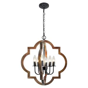 6-Light Brown Dining Room Island Wood Pendant Lighting, 21.65 in. Farmhouse Candlestick Chandelier, Adjustable Height