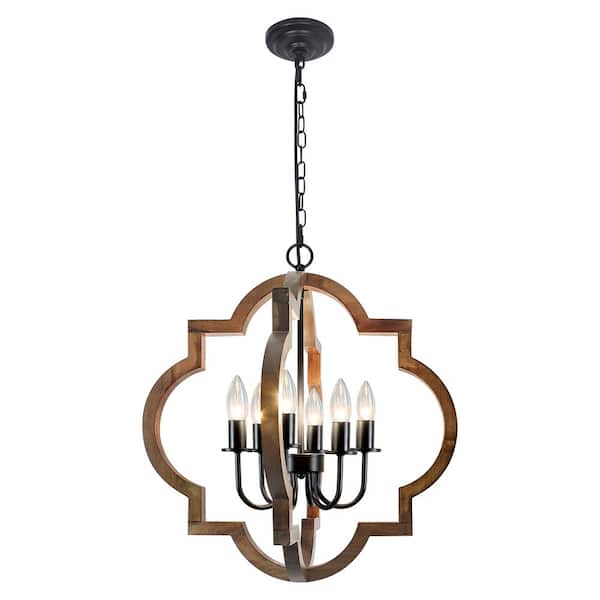 Unbranded 6-Light Brown Dining Room Island Wood Pendant Lighting, 21.65 in. Farmhouse Candlestick Chandelier, Adjustable Height