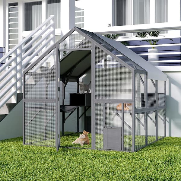 Large Wooden Outdoor Cat Cage, Cat Run Enclosure Walk in Cat Catio Kitten Condo with Enter Door Roof Cover, 43 sq. ft.