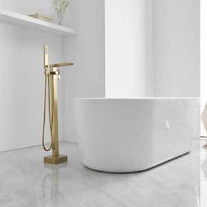Single-Handle Floor Mount Freestanding Bathtub Faucet Waterfall Tub Filler with Handheld Shower in Brushed Gold