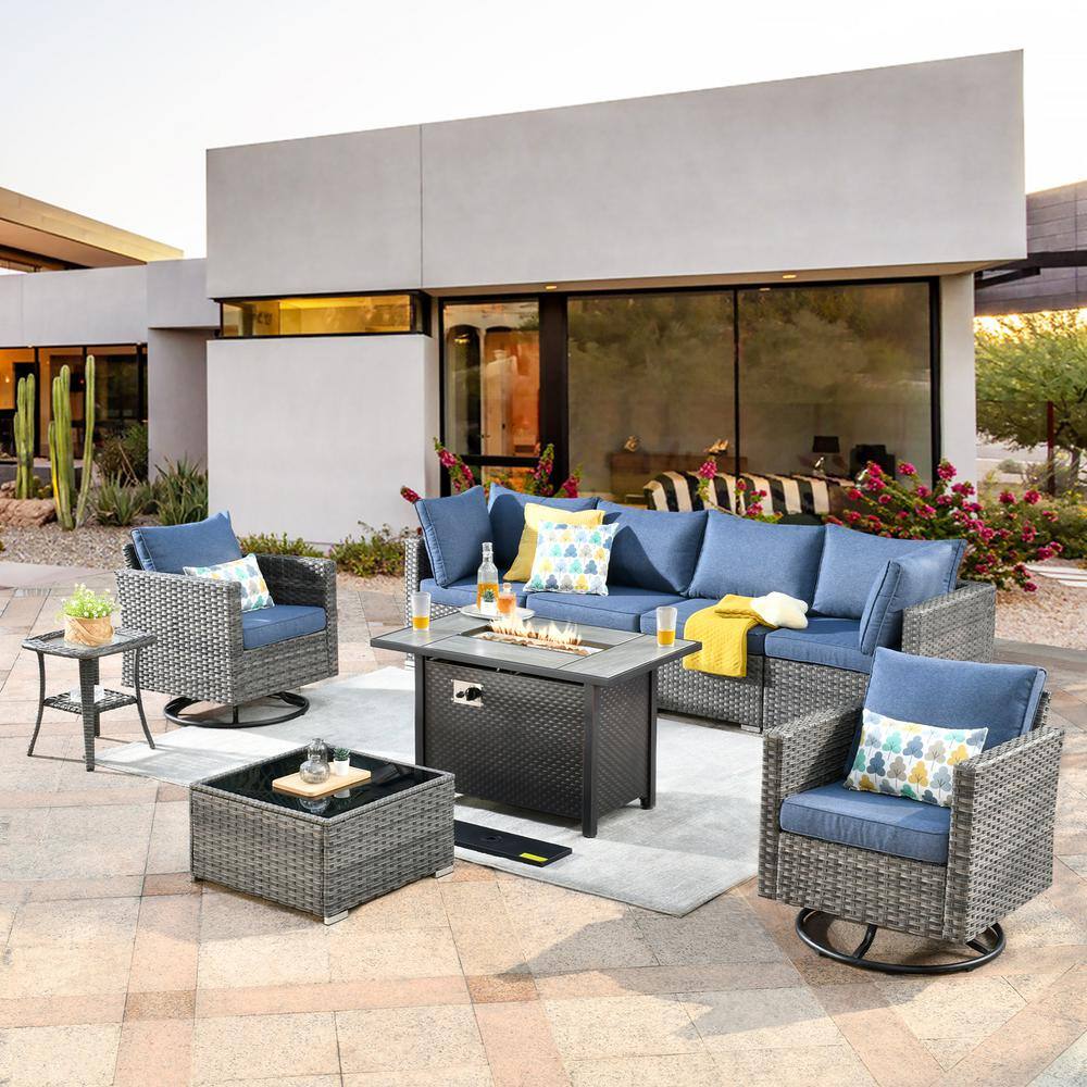Venice 9-Piece Gray Wicker Patio Sofa Set with Denim Blue Cushions and Copper Fire Pit