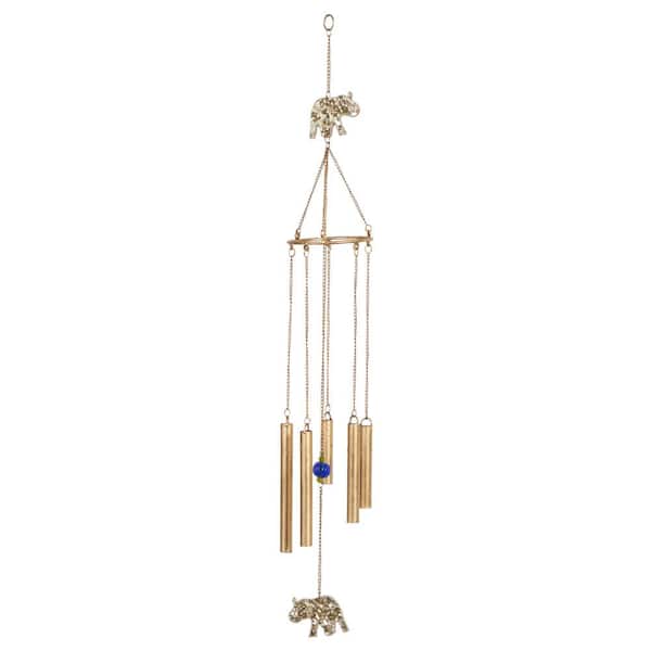 Litton Lane 39 in. Gold Metal Elephant Indoor Outdoor Embellished Windchime with Glass Beads and Pipe Bells