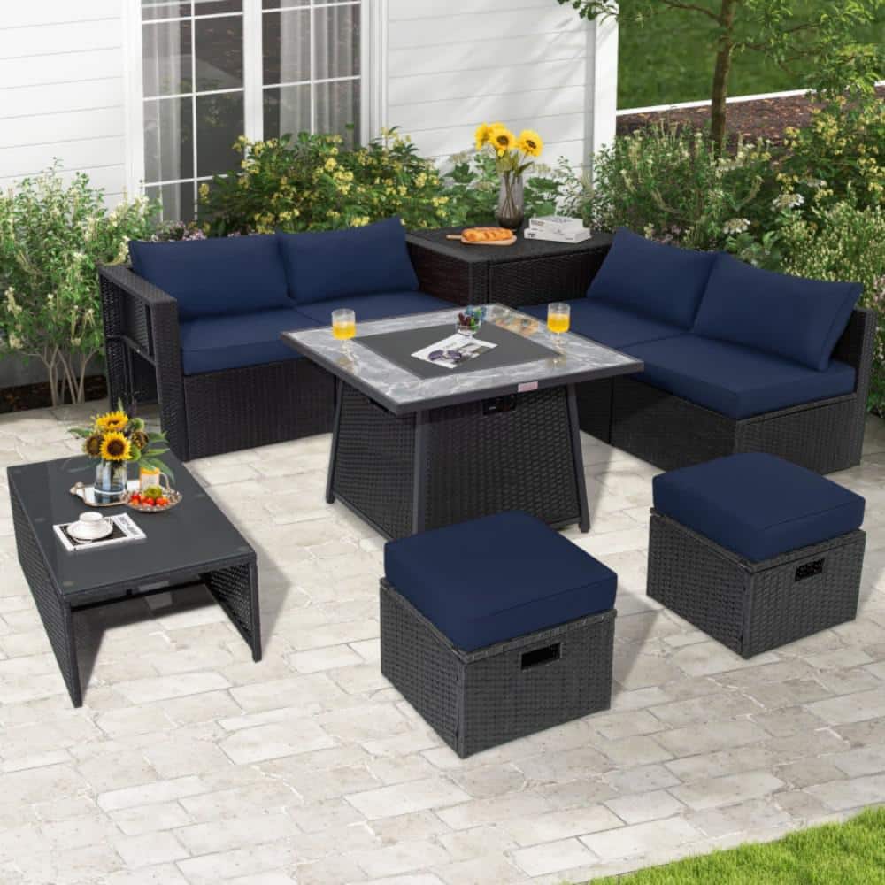 9-Piece Wicker Patio Conversation Sectional Seating Set with Navy Cushions price history on PriceWatchPro