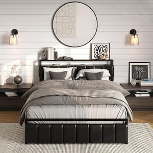 Brown Metal Frame Queen Size Platform Bed with Charge Station and Storage Headboard and Drawers Rustic